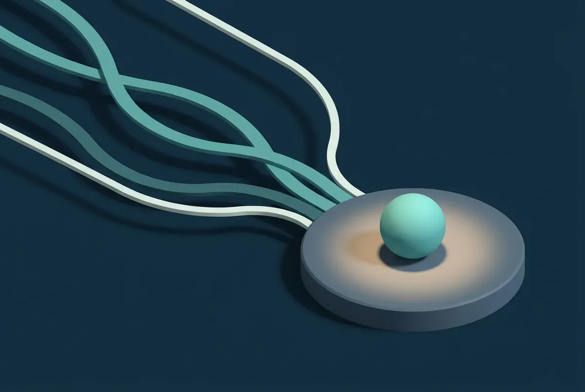 Several curving paths converge from the left onto a single raised platform holding one sphere under a pool of light.
