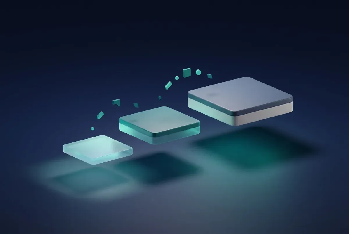 Three platforms rising left to right, the first small and translucent, the last large and solid.