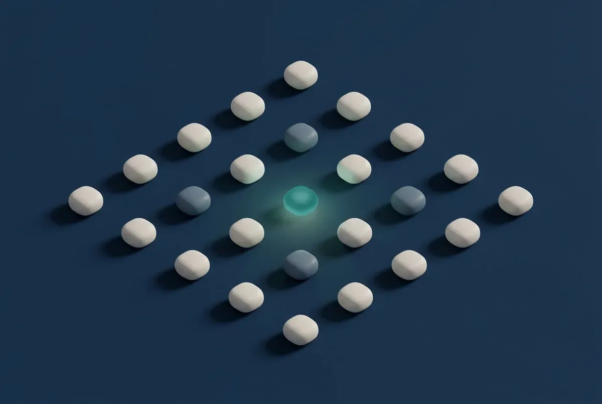 A calm, evenly spaced grid of identical rounded forms, one glowing softly at the center.