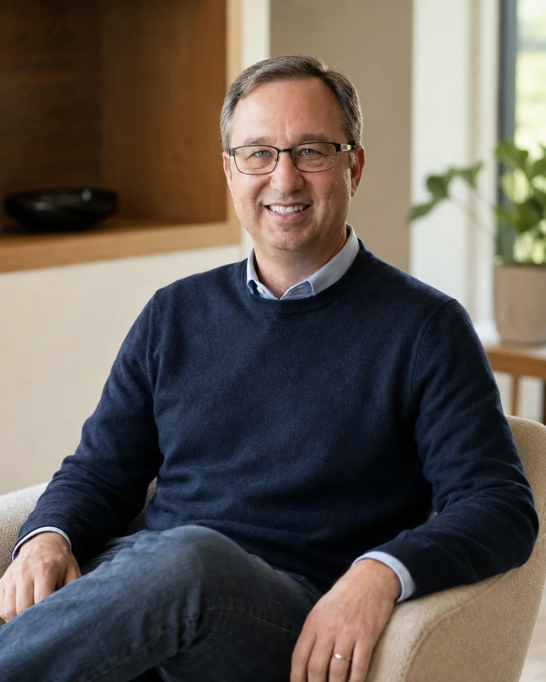 Thadd Lapsley in a navy sweater, seated comfortably beside a window