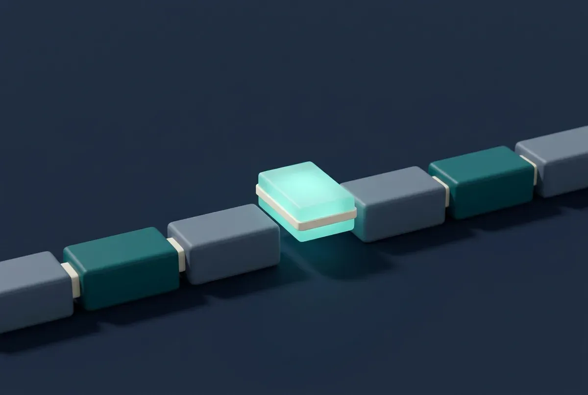 A left-to-right chain of blocks with one glowing block lowering into a gap in the line.