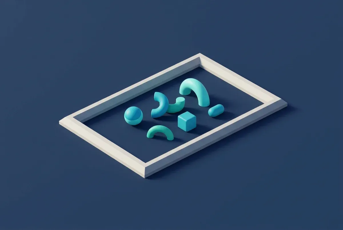 A low bordered tray holding a handful of small, playful shapes, set within a large open space.
